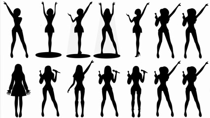 Obraz premium Silhouettes of women in various poses including singing and dancing on a white background in vector format