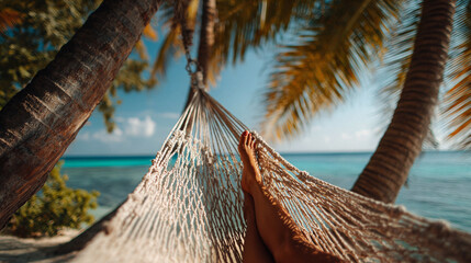 AI-generated image with a woman relaxing in a hammock on a tropical beach