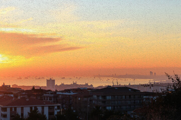 Naklejka premium Sunset over the city of İstanbul, Turkey Digital painting and illustration
