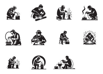 welding logo vector silhouette design, welder logo icon silhouette, vector silhouettes of workers welding metal, fabrication work vector silhouette logo design on white background