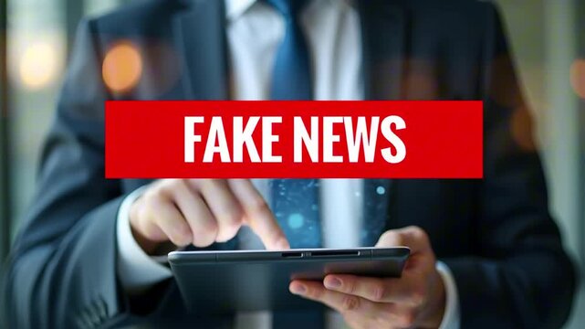 A man in a suit holds a tablet displaying the words "fake news" prominently against a blurred background, conveying themes of misinformation and media scrutiny