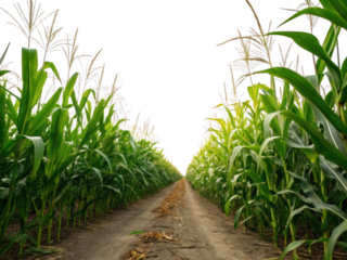 Green corn field pathway leading into darkness isolated on transparent background