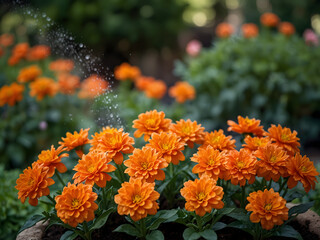 Watering vibrant orange flowers in sunny garden during summer