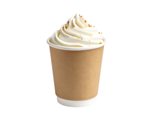 paper glass of cappuccino coffee decorated with whipped cream isolated on transparent background