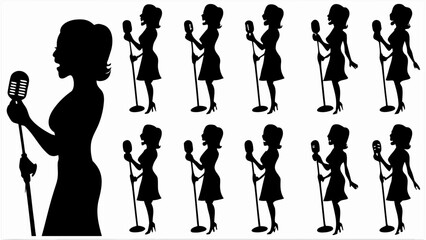 Obraz premium Silhouette pattern of female singers with vintage microphones in a repeating arrangement on white background