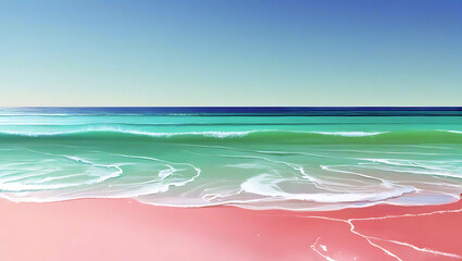Serene Ocean Waves on Pink Sand Beach with Clear Blue Sky a Tranquil Coastal Art Illustration