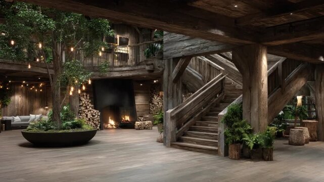 Rustic Lodge Interior with Fireplace and Staircase