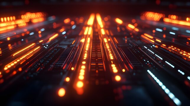 3D render of glowing orange lines converge into a dark, abstract background.