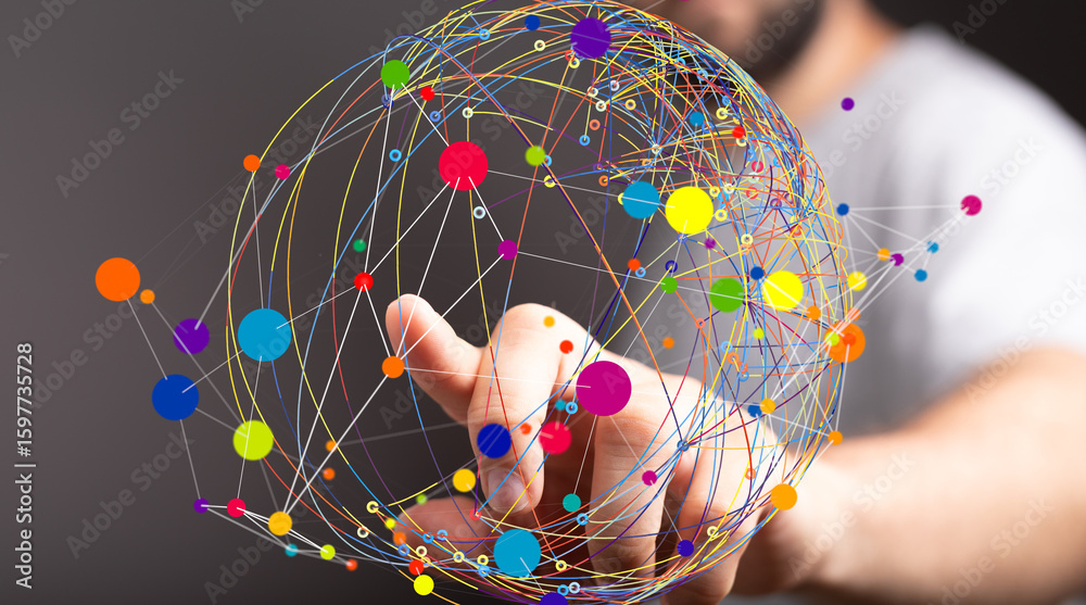 Poster abstract image of a network connection. colorful dots and lines represent global connections.