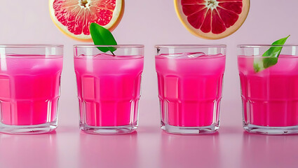 Refreshing Pink Grapefruit Cocktails with Ice and Mint Leaves Perfect Summer Drinks and Vibrant Pink Color Palette