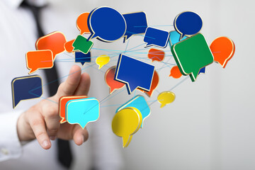Colorful speech bubbles illustrate interconnected global communication and networking.