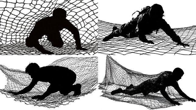Four silhouettes of people crawling through a fishing net