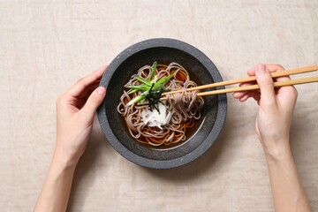 Soba Noodles in a Bowl with Chopsticks