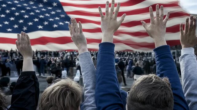 Diverse crowd raising hands in front of an American flag at a peaceful protest, unity and patriotism footage.