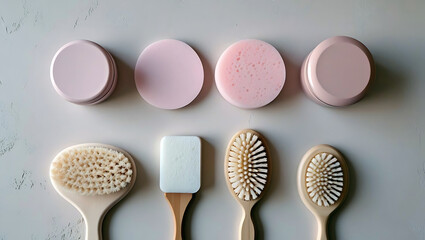 Spa Essentials Still Life with Pink Tones and Natural Brushes on Light Gray Background for Wellness and Self Care Concepts