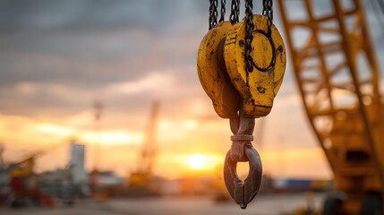 Closeup of crane hook lifting materials against sunrise