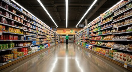 Woman in Green Shirt Shopping in a Supermarket Aisle with Bright Lighting