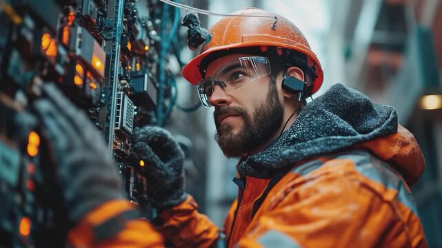 Tech Engineer at Work: A skilled engineer, clad in safety gear, intently examines complex technological equipment within an industrial setting, the image highlighting precision and expertise.
