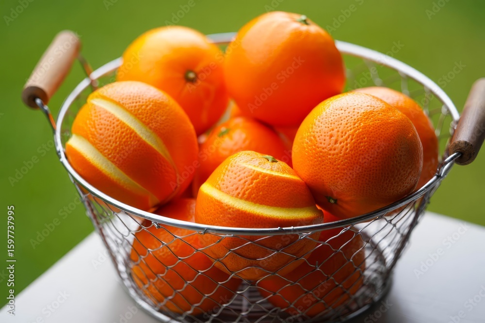 Fototapete basket with ripe oranges on table against blurred background. space for text.