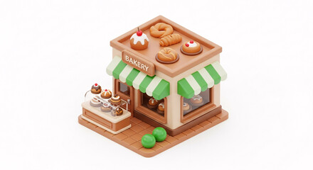 Isometric Bakery Building with Pastries and Green Awning.