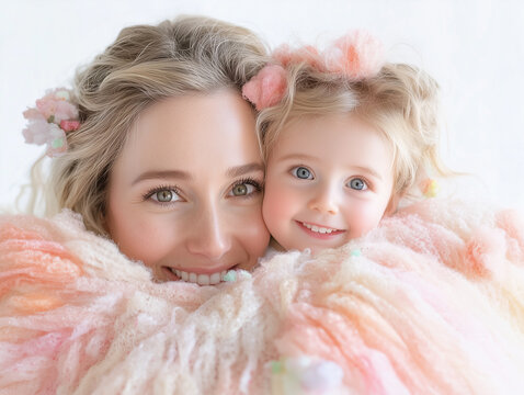 Happy mother and little daughter girl at white background