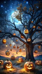 Enchanted Halloween Jack-o'-Lantern Tree: Mystical Night Scene with Glowing Pumpkins and Starry Sky