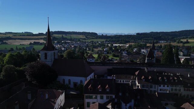 Switzerland Murten baroque townhouses medieval town aerial drone Morat Fribourg region