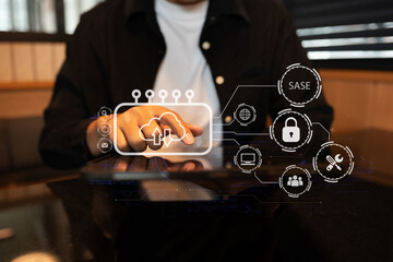 Hand touching secure access service edge icon on smartphone virtual screen background, password,...