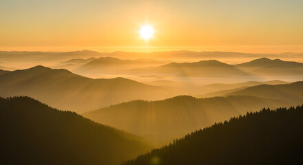 Obraz premium Scenic Golden Hour Mountain Range Landscape View at Sunrise Horizon