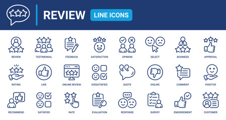 Review line icon set. Feedback, testimonial, ratings, comment, like, satisfaction, evaluation, survey, opinion and more. Outline vector icons collection.