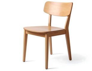 Scandinavian-style wooden chair with natural finish, smooth curved backrest and round legs, isolated on white background with soft realistic shadows