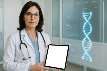 female doctor holding blank digital tablet in front of dna hologram screen, looking at camera with neutral expression in modern clinic, concept of antiaging, genetic testing, telemedicine, health tech
