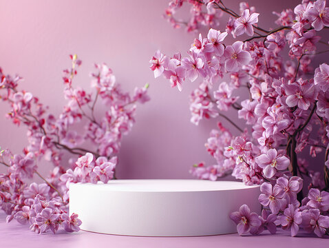 Minimal modern product presentation on pink background and lilac flowers. Concept scene stage showcase for new product, promotional sale, banner, presentation