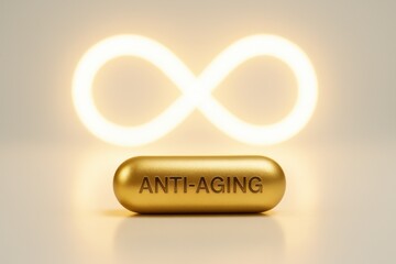 gold anti-aging capsule pill with glowing infinity symbol in background, studio macro scene with soft white gold light, concept of longevity product innovation, supplement branding