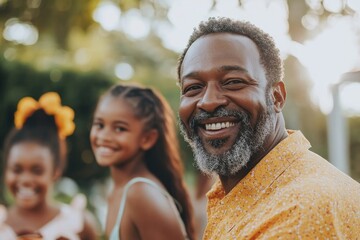 Portrait of multi-generational family outdoors at a garden barbecue, capturing the essence of family bonding and outdoor meals in a relaxed summer setting, Generative AI