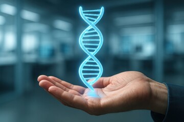 3d glowing dna helix floating above open hand, blue light in futuristic medical background, concept of genetic therapy, anti-aging innovation, biotechnology marketing