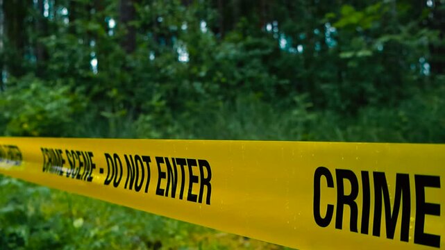 Close up or closeup footage of a yellow colored crime scene do not enter police tape ribbon pulled in front of a dark forest during day time when it is raining and raindrops are on the tape as well.