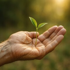 elderly hand holding green sprout in palm with soft sunlight, symbol of vitality and anti-aging, concept of longevity growth, medical wellness and biohacking clinic