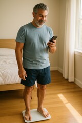  latino man stands barefoot on a digital scale, reviewing wellness stats on his phone with morning sunlight in a clean bedroom, promoting body awareness and smart aging