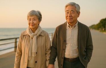 elderly asian couple walking by the sea holding hands, smiling together, grey hair and warm sunset atmosphere, concept of emotional longevity, senior tourism, wellness connection