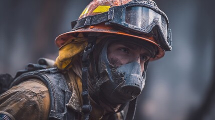 Fototapeta premium Firefighter in Safety Gear Looking Intently During Emergency