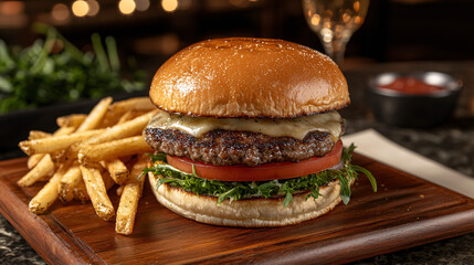 Juicy gourmet cheeseburger served with crispy fries and a side salad on a wooden board.