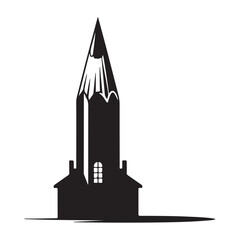 A black and white illustration of a building with a pencil as the main tower structure design