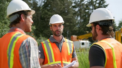 Project manager talking with construction crew in field office