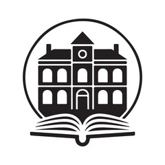Naklejka premium Black and white illustration of a building above an open book inside a circle design element