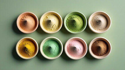 Vibrant Assortment of Colorful Powder Pigments in Small Bowls Artistic Palette of Cosmetic Ingredients and Creative Art Supplies on a Soft Green Background