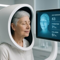 senior woman with grey hair receiving facial longevity scan from curved biometric device with visible collagen and hydration data, horizontal clean medical lab setting