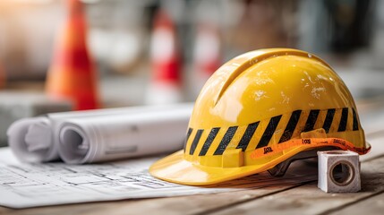 Safety tape and helmet placed next to blueprint and signage