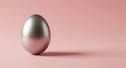 Silver egg standing on pink background representing wealth and prosperity for Easter holiday