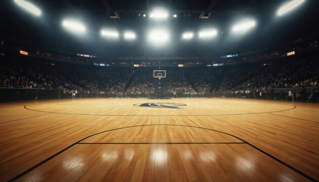 Empty basketball court during night game under bright arena lights. Wooden floor with team logo. Packed audience in stadium seating watches intense sports competition. Energy, excitement fill stadium.